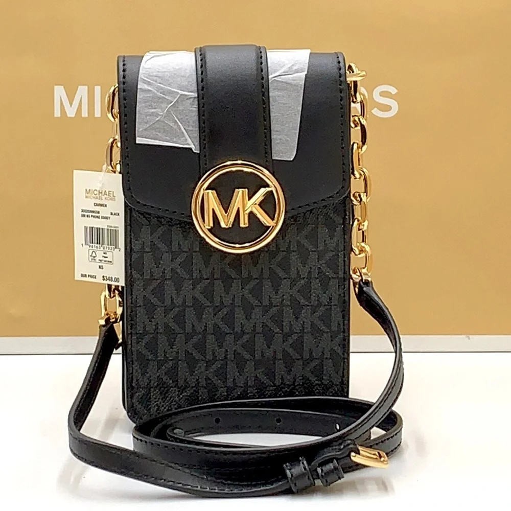 NWT MICHAEL KORS CARMEN SMALL NORTH SOUTH PHONE XBODY BLACK SIGNATURE MULTI COLO